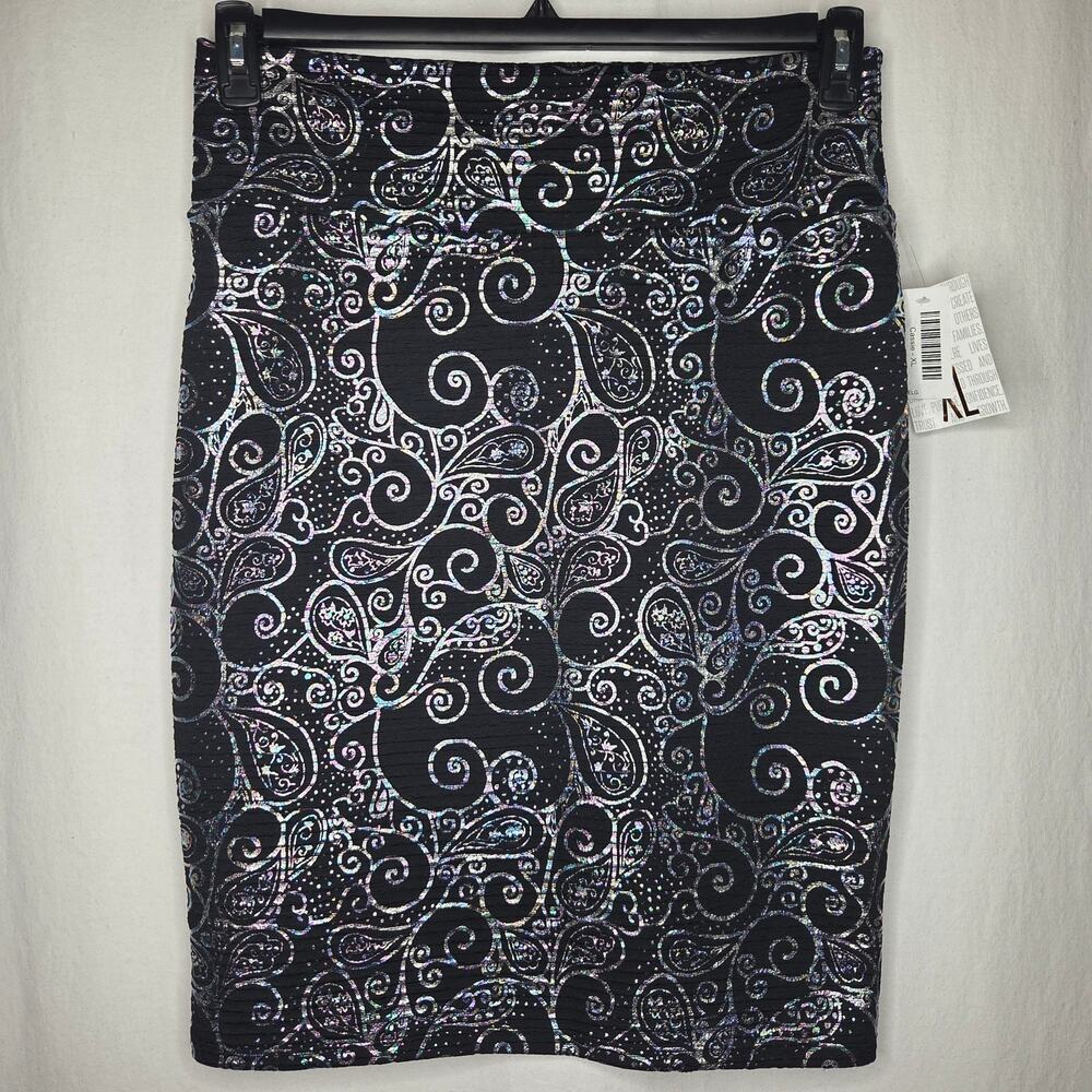 LuLaRoe Elegant Cassie Black Paisley Holographic Oil Spill Pencil Skirt NEW XL